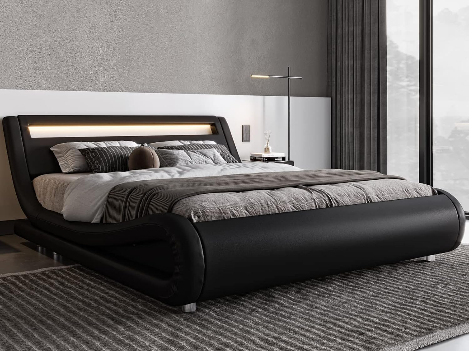 Allewie King Size LED Platform Bed Frame with Adjustable Headboard/No Box Spring Need/Easy Assembly/Faux Leather in Black