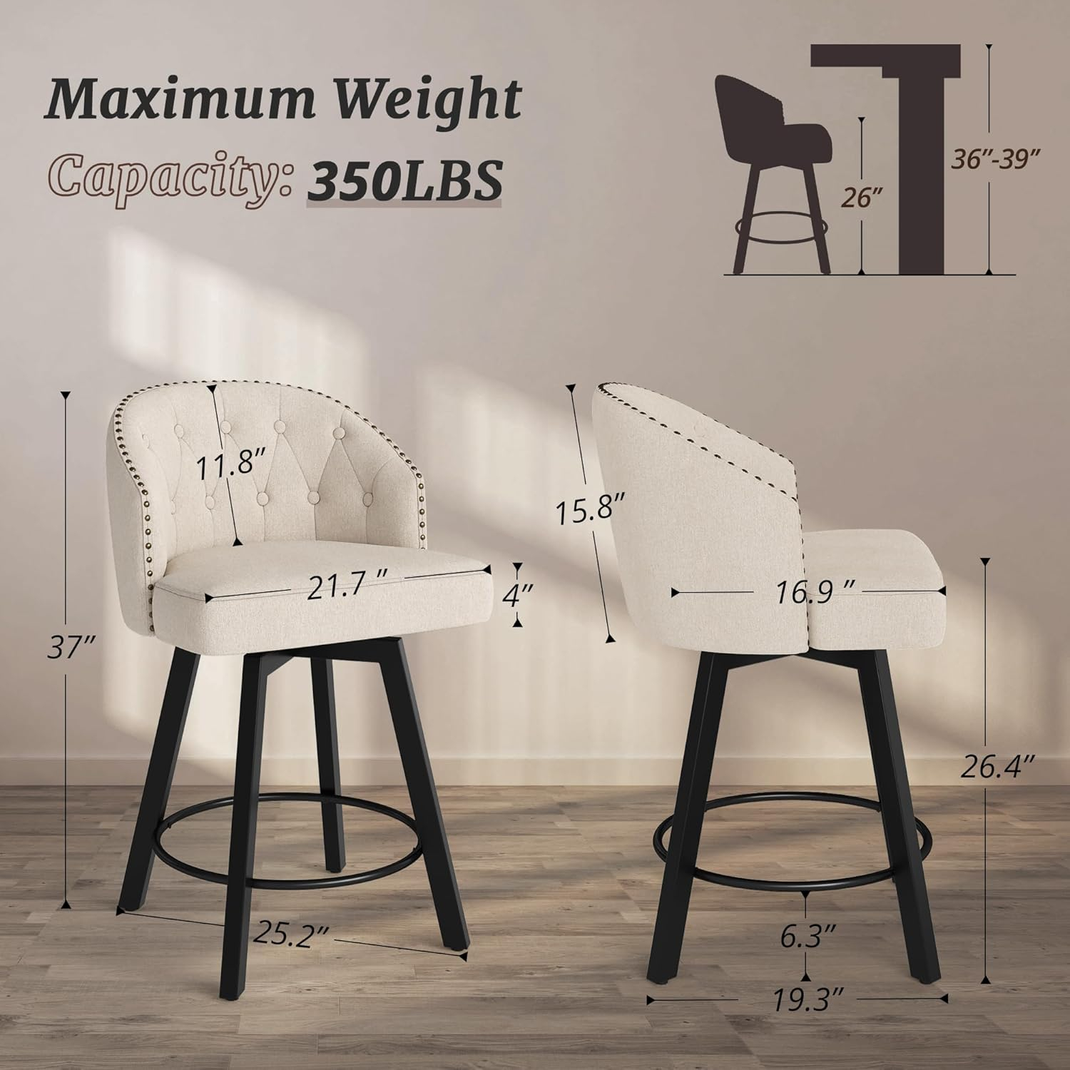 Counter Height Bar Stools Set of 3, 26" Swivel Fabric Upholstered Bar Stools with Backs and Metal Legs, Retro Counter Stools for Kitchen Island, Dining Room, Pub, Linen