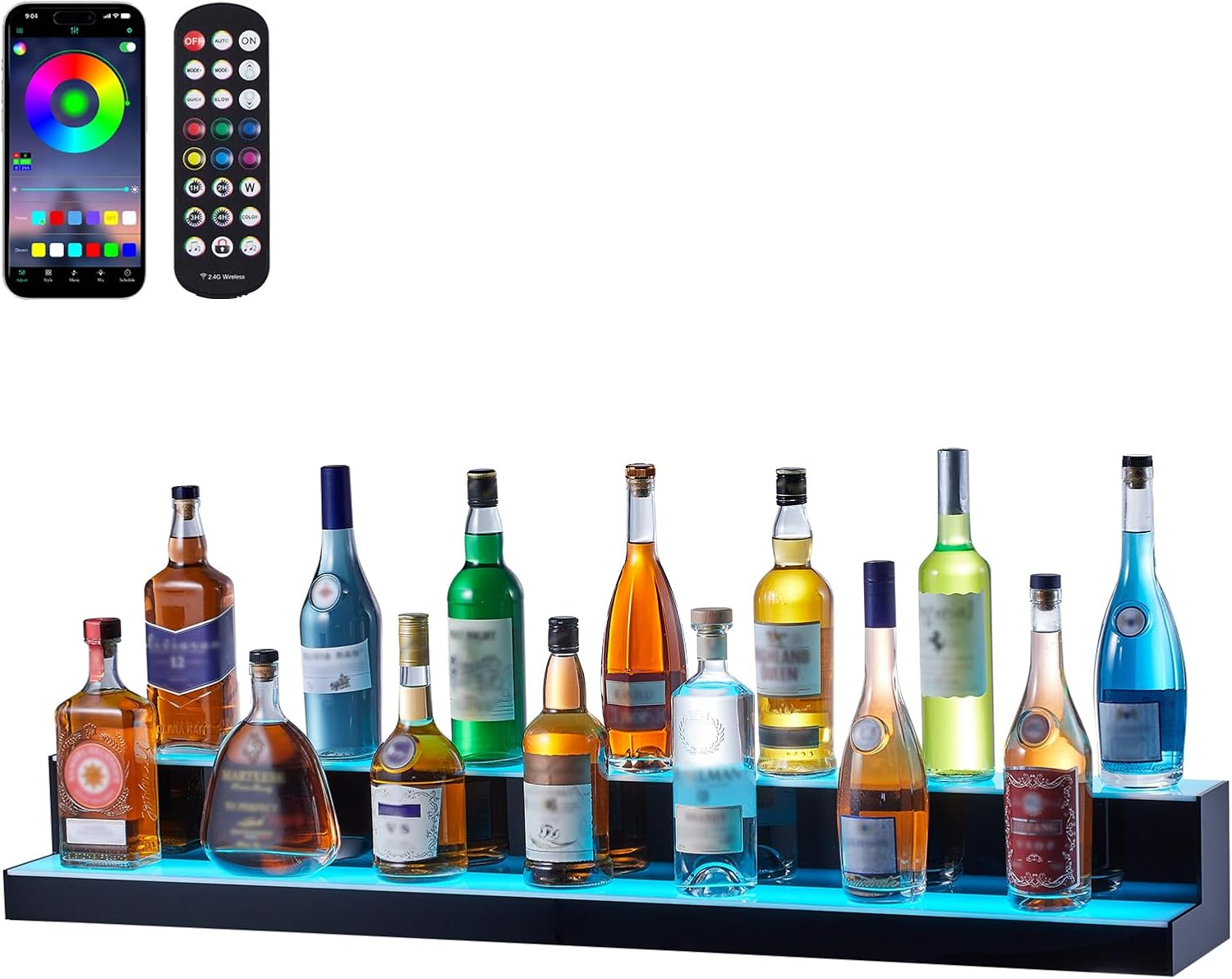 VEVOR LED Lighted Liquor Bottle Display, 2 Tiers 48 Inch Commercial Illuminated Home Bar Shelf, 2 Steps Whiskey Rack Stand, Acrylic Drink Shelves with RF Remote & App Control, and Multicolor Lighting