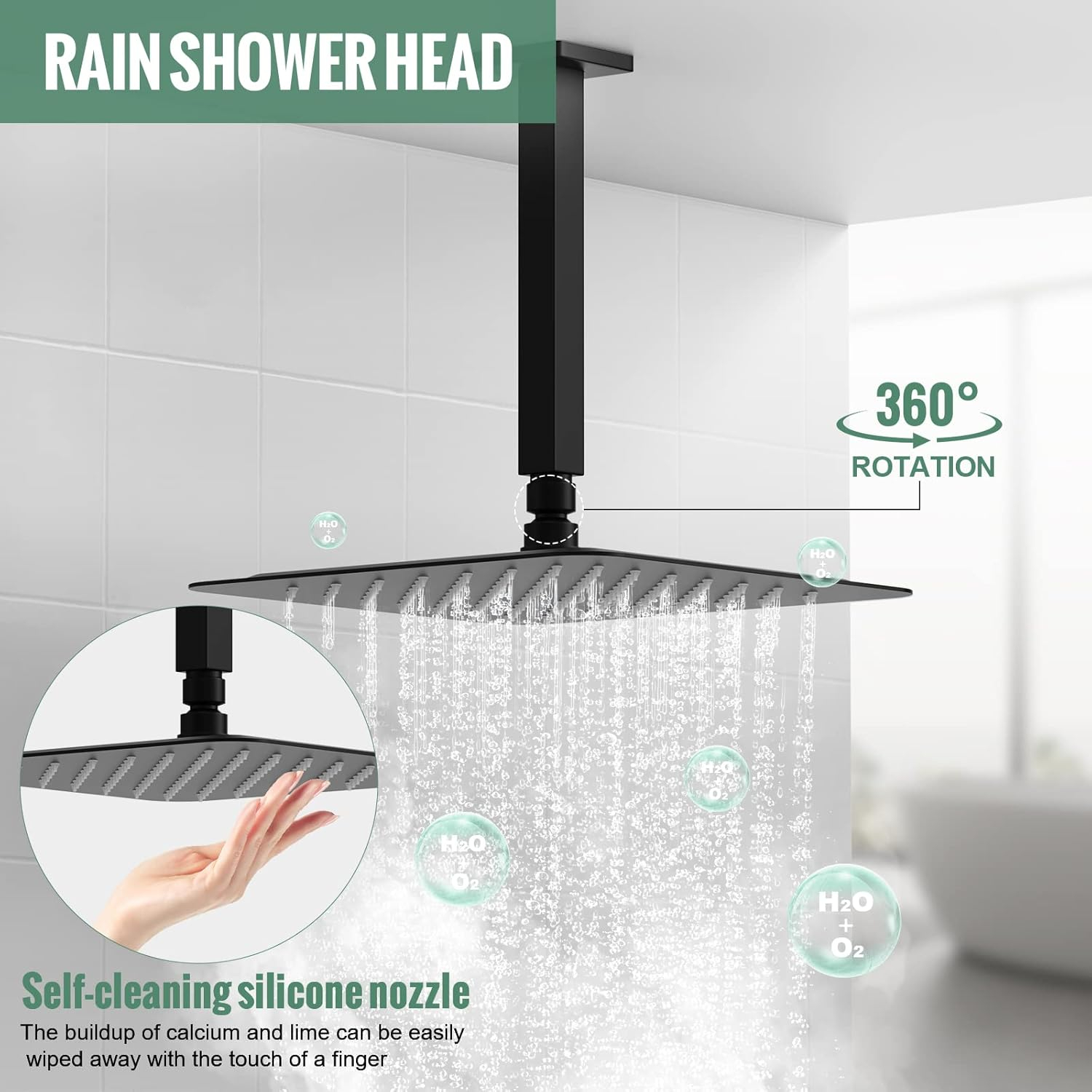 SunCleanse Rainfall Shower System Matte Black Ceiling Mounted Shower System Combo Set with High Pressure 12 Inches Square Rain Shower Head Handheld and Shower Faucet Rough-in Mixer Valve and Trim
