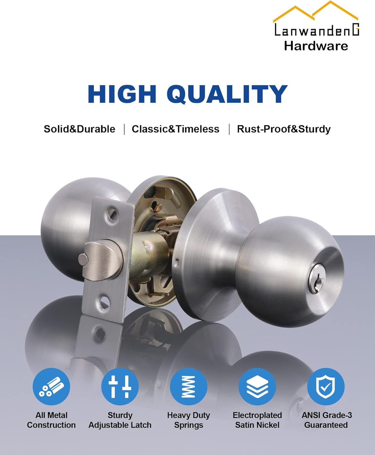 Lanwandeng Door Knobs with Lock, Satin Nickel, Hardware Handle, Keyed Entry for Bathroom or Bedroom