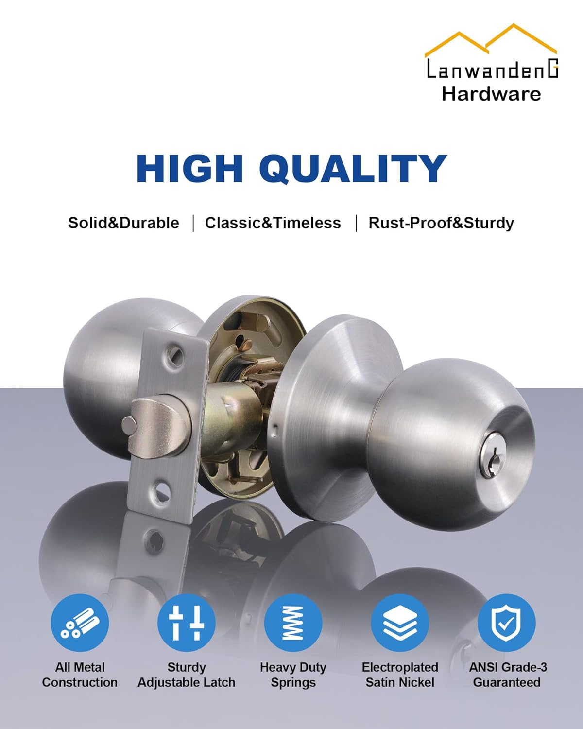 Lanwandeng Door Knobs with Lock, Satin Nickel, Hardware Handle, Keyed Entry for Bathroom or Bedroom