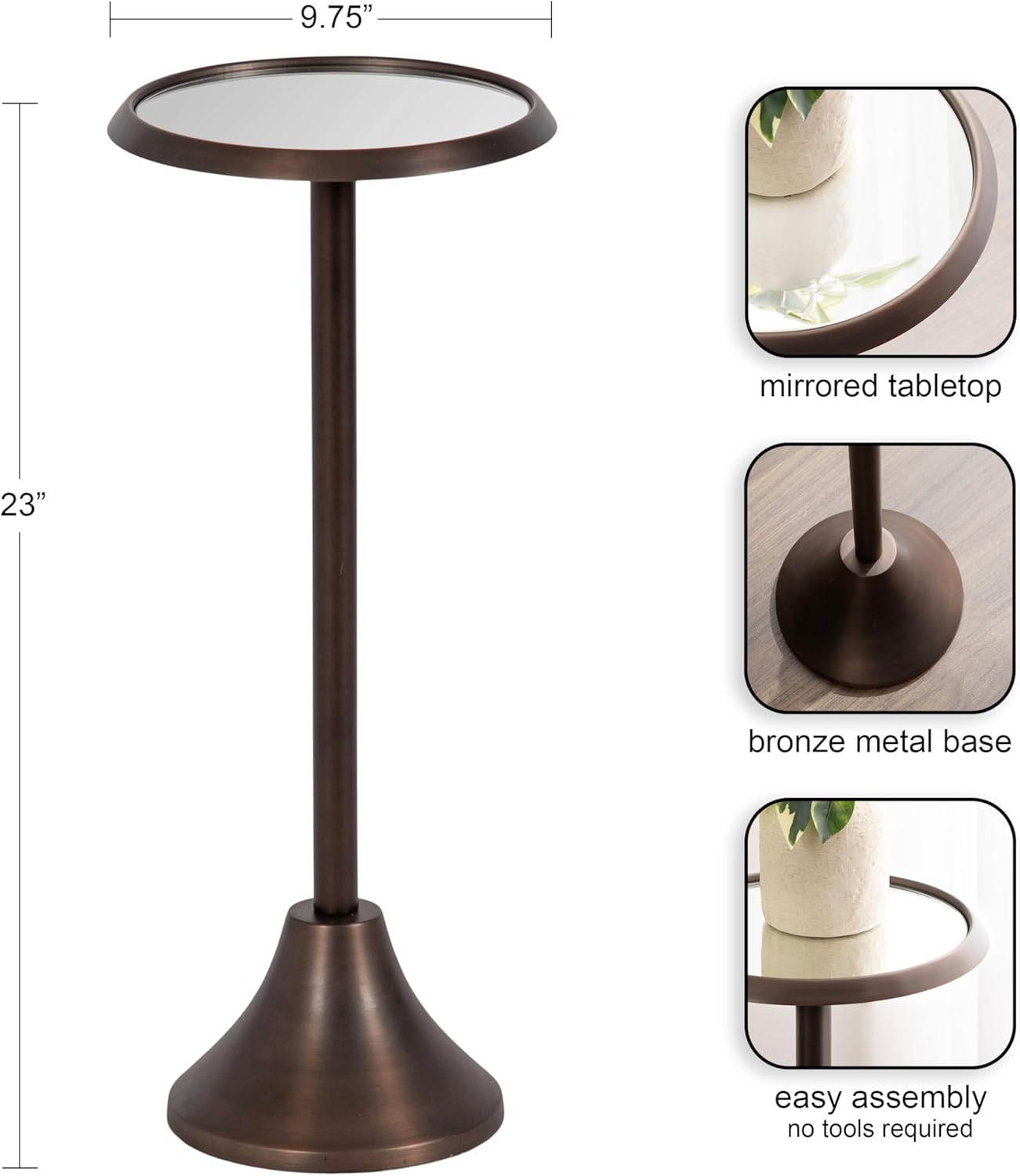Kate and Laurel Sanzo Modern Pedestal Drink Table, 10 x 10 x 23, Antique Bronze, Decorative End Table with Mirrored Tabletop for Use as Small Plant Stand or Cute Martini Table