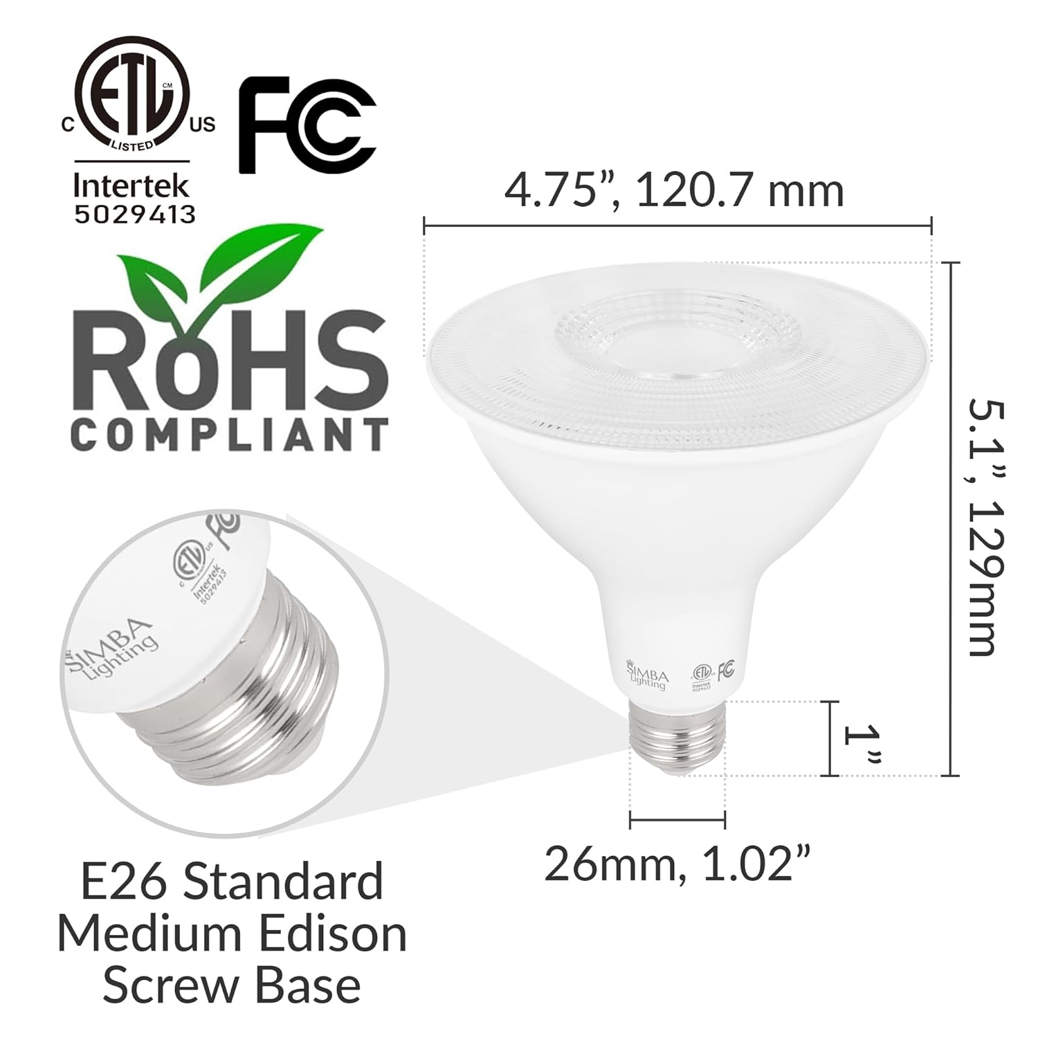 Simba Lighting LED PAR38 18W 38 Spotlight ETL Listed 180W Replacement Bulbs 120V Dimmable E26 5000K Daylight 2-Pack