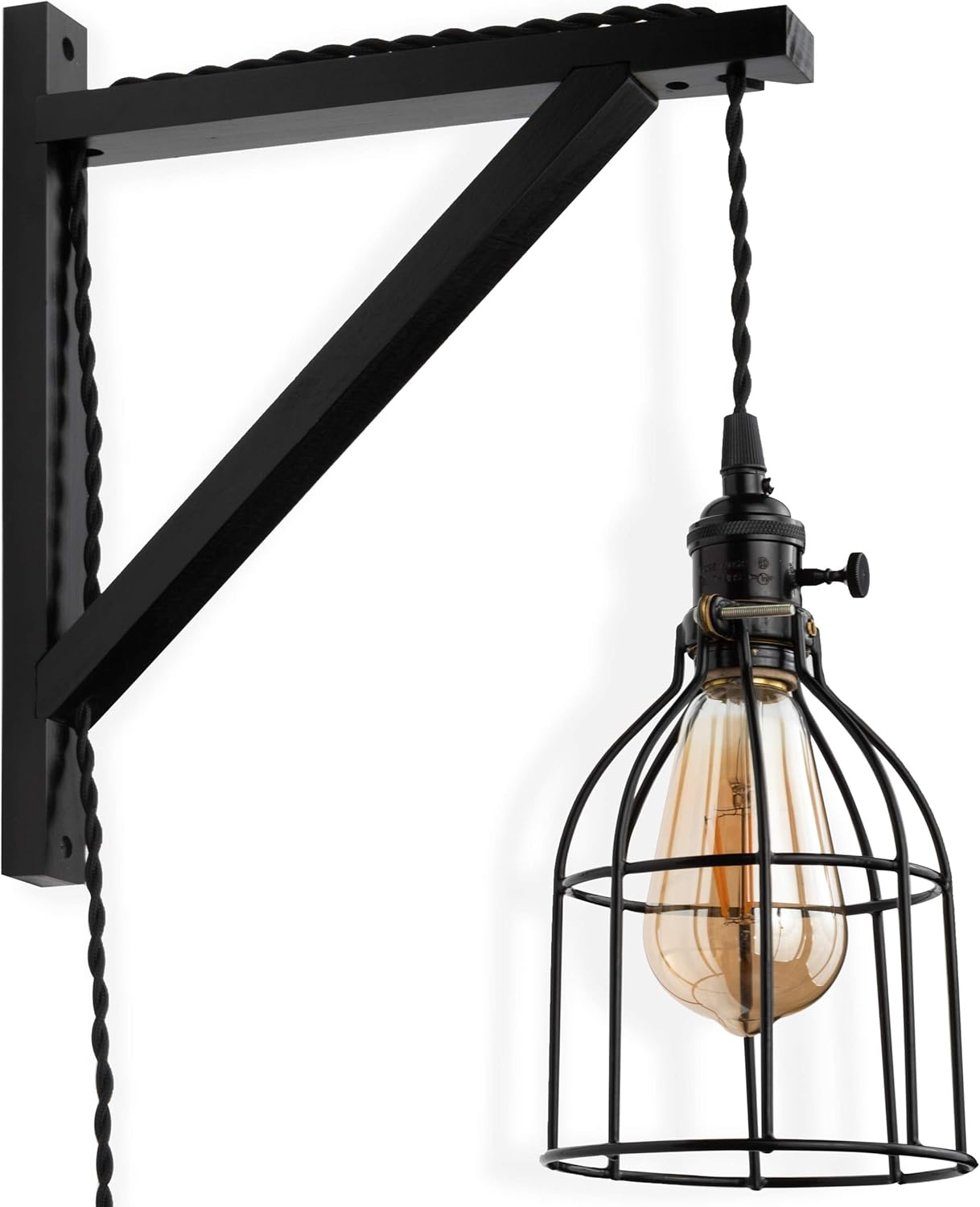 Rustic State Wall Mount Wooden Triangle Sconce Bracket for Hanging Plug in Pendant Light Lamp Cord Kit Fixture - DIY Shelf Project - Decorative Wall Plant Hanger - Black - Set of 2