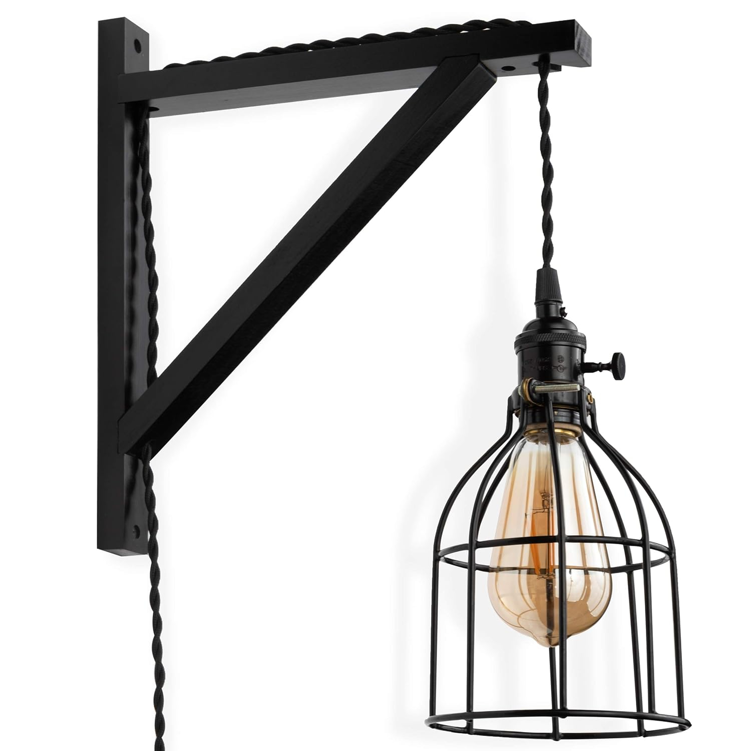 Rustic State Wall Mount Wooden Triangle Sconce Bracket for Hanging Plug in Pendant Light Lamp Cord Kit Fixture - DIY Shelf Project - Decorative Wall Plant Hanger - Black - Set of 2