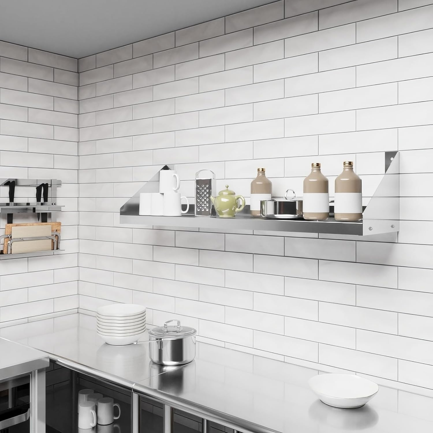 48" Long Stainless Steel Wall Shelf with Side Guards