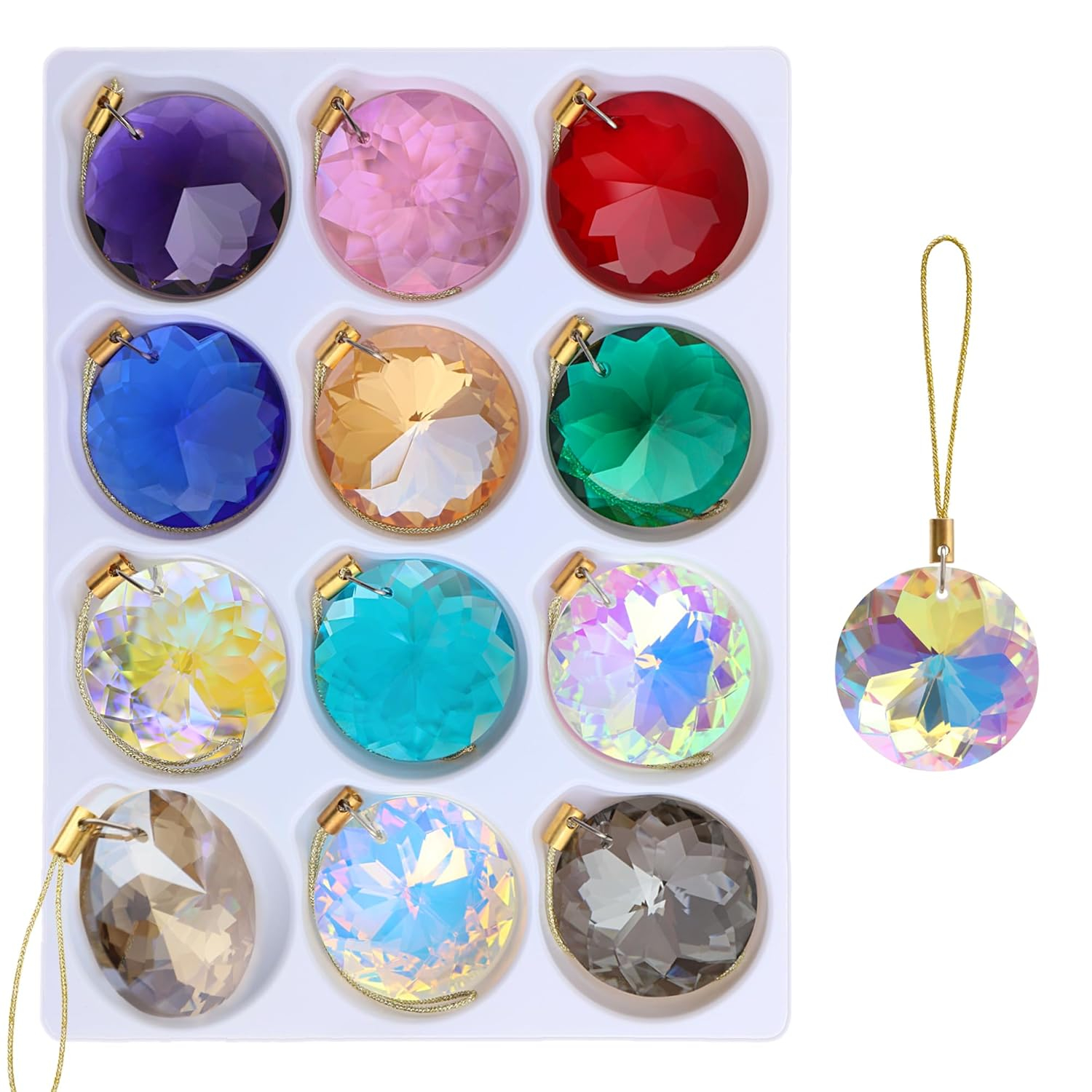 12 Pcs Crystal Glass Christmas Balls Ornaments, 1.18″ Mini Round Prism Flower Xmas Tree Decorations, Hanging Ornament for Wedding Party Home Decor (Multicolor)