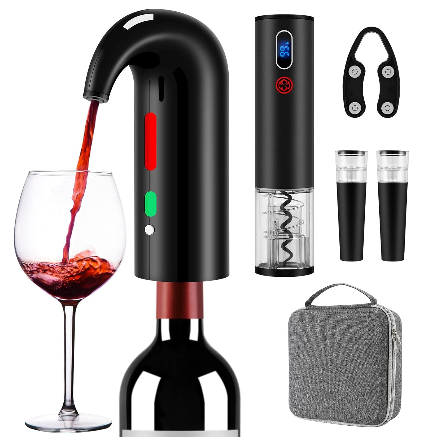Wine Opener Christmas Day Gift Set with Electric Wine Bottle Opener, Wine Decanter&Wine Aerator and Pourer, wine stopper, Foil Cutter and EVA Storage Bag, Rechargeable and Automatic(Black)