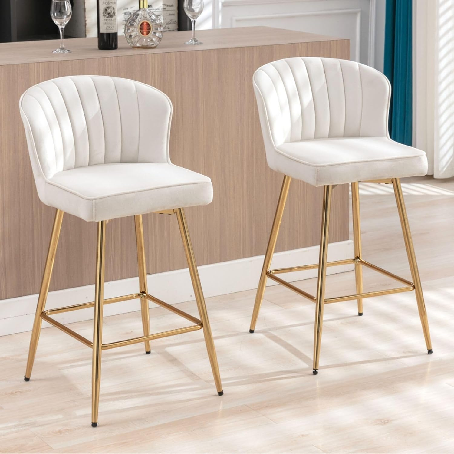 Counter Height Stools Set of 2, Velvet Bar Stools with 27 Inches Upholstered Seat Height, Handmade Woven Back Armrest, Sturdy Golden Metal Legs for Home Dining Pub Kitchen Island, Beige