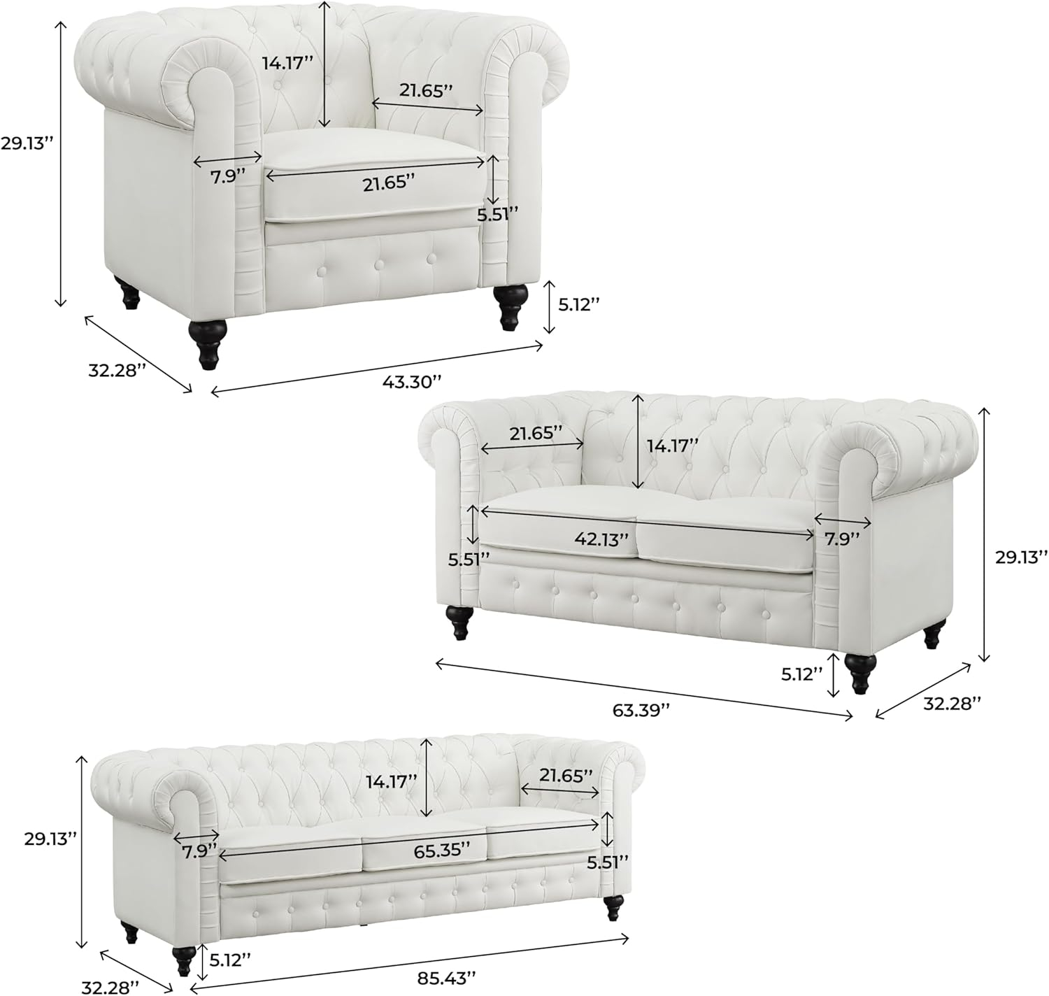 Emery Off-White Tufted Chesterfield 3-Piece Sofa Set with Rolled Arms