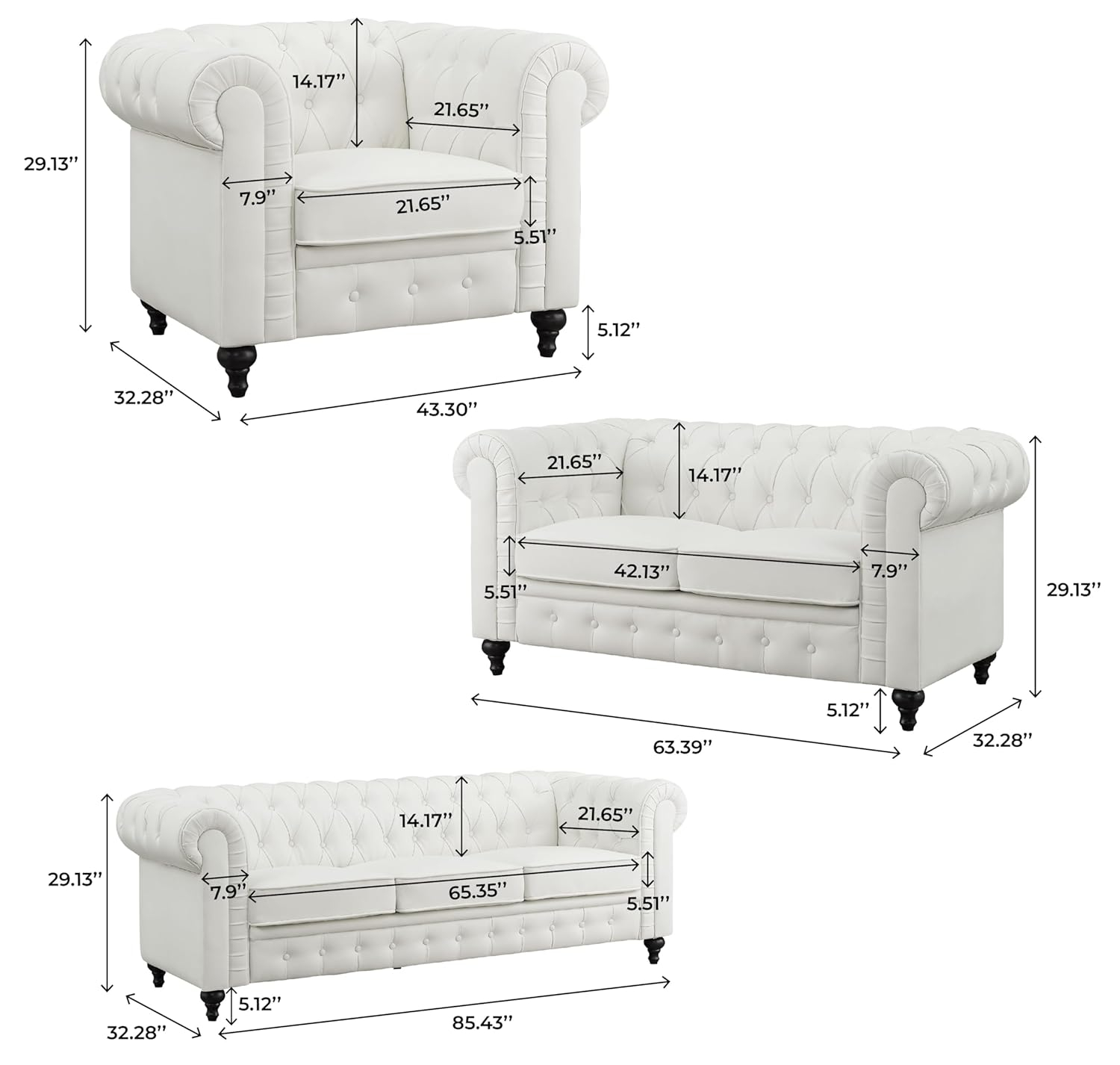 Emery Off-White Tufted Chesterfield 3-Piece Sofa Set with Rolled Arms