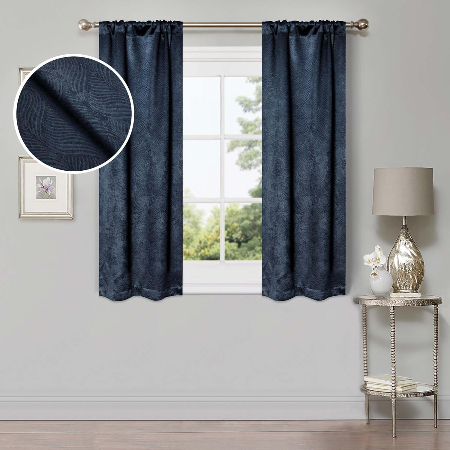 Superior Waverly Blackout Curtains, Rod Pocket, Set of 2, 26" x 63", Navy Blue
