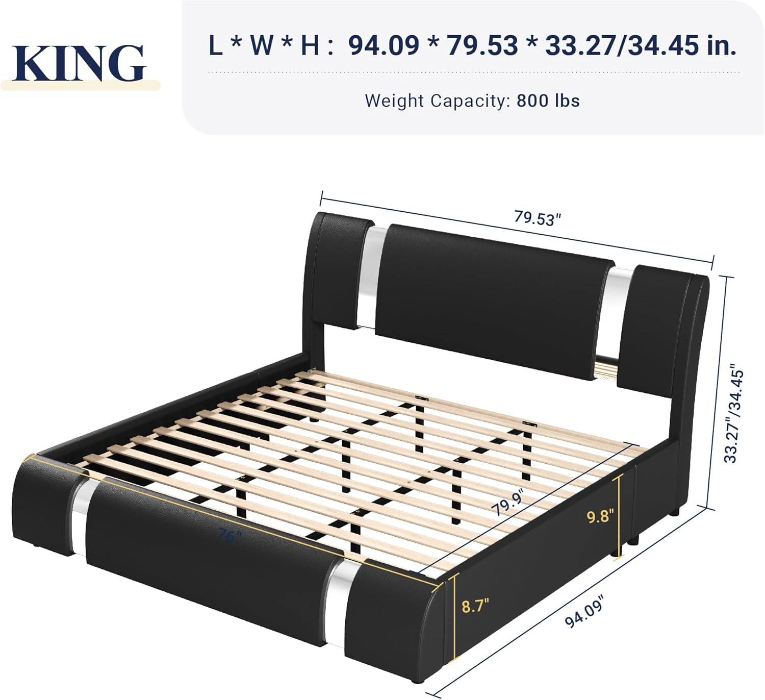 Allewie King Size Bed Frame with Iron Piece Decor, Faux Leather Upholstered Platform Bed with Curved Adjustable Headboard, Wooden Slats Support, No Box Spring Needed, Modern Black