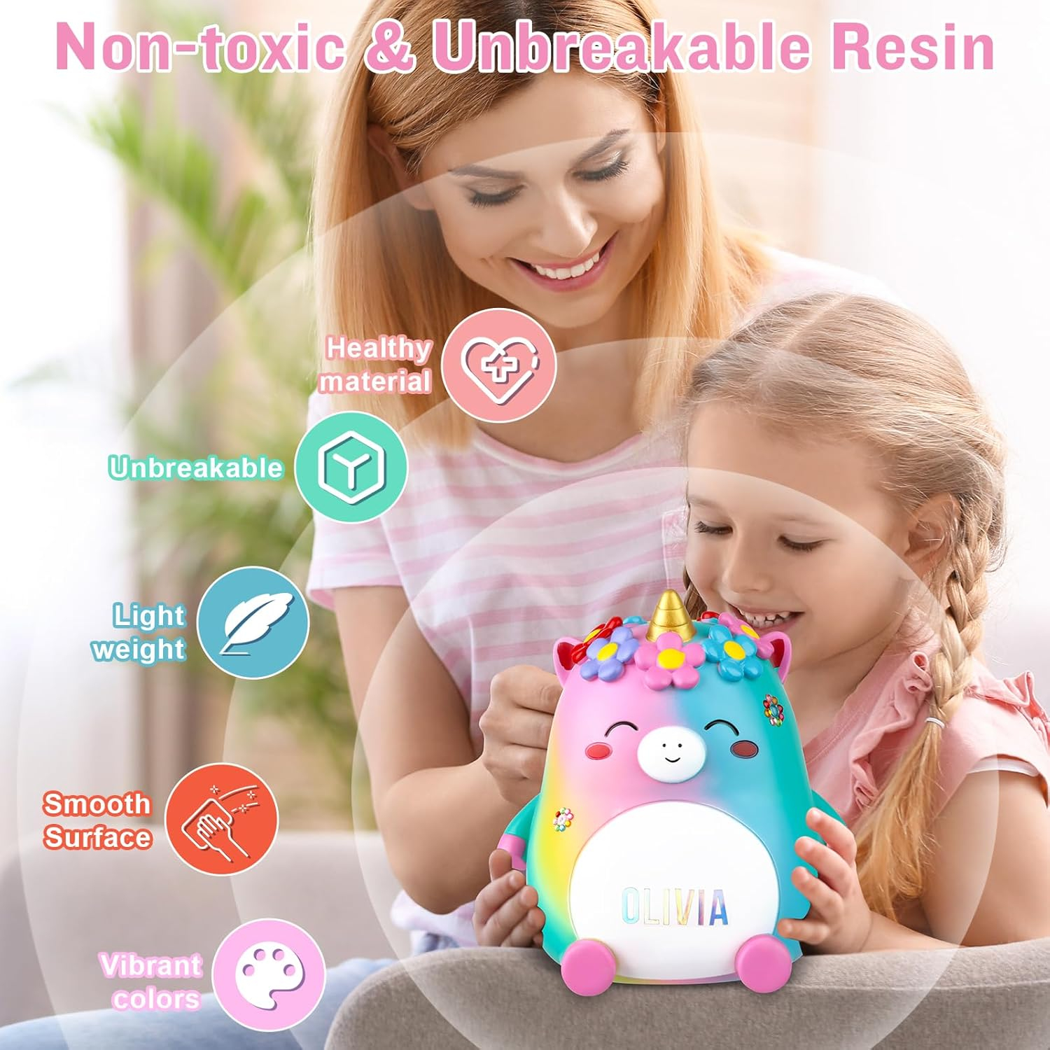 Unicorn Piggy Bank Girls – Cute Rainbow Kids Piggy Bank for Girls, Personalized Unbreakable Resin Coin Money Bank for Kids with Stickers for Toddlers
