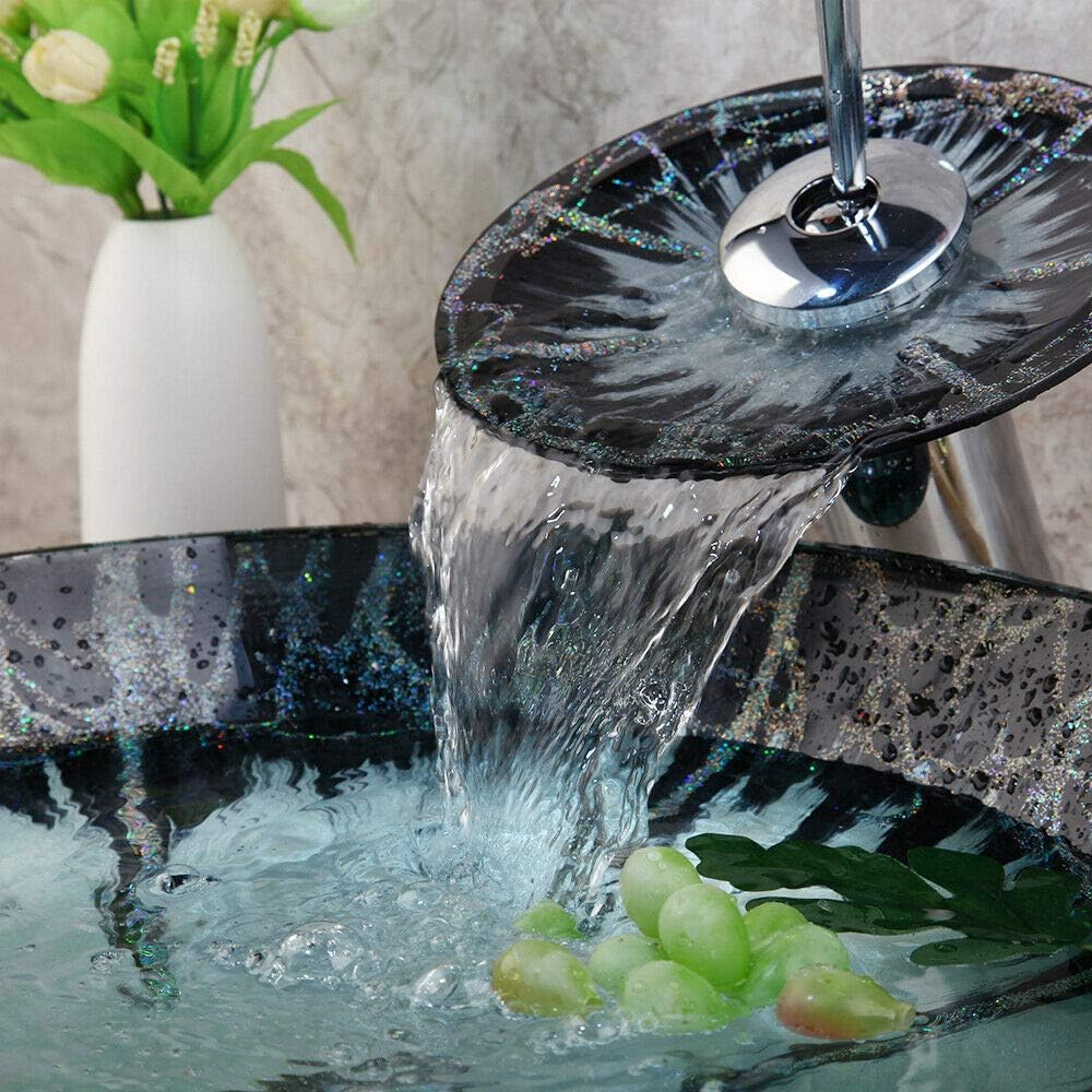 Round Polished Black and Green Glass Vessel Sink