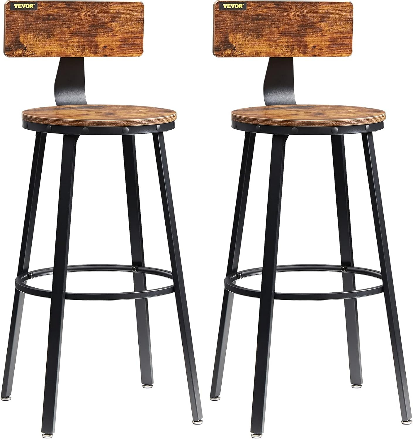 VEVOR Rustic Bar Stools, 25.6” Tall Rectangle Seat, Set of 2 Bar Chairs with Footrest Steel Frame Adjustable Feet, Wooden Industrial Kitchen Stool for Kitchen Dining Living Room, Rustic Brown