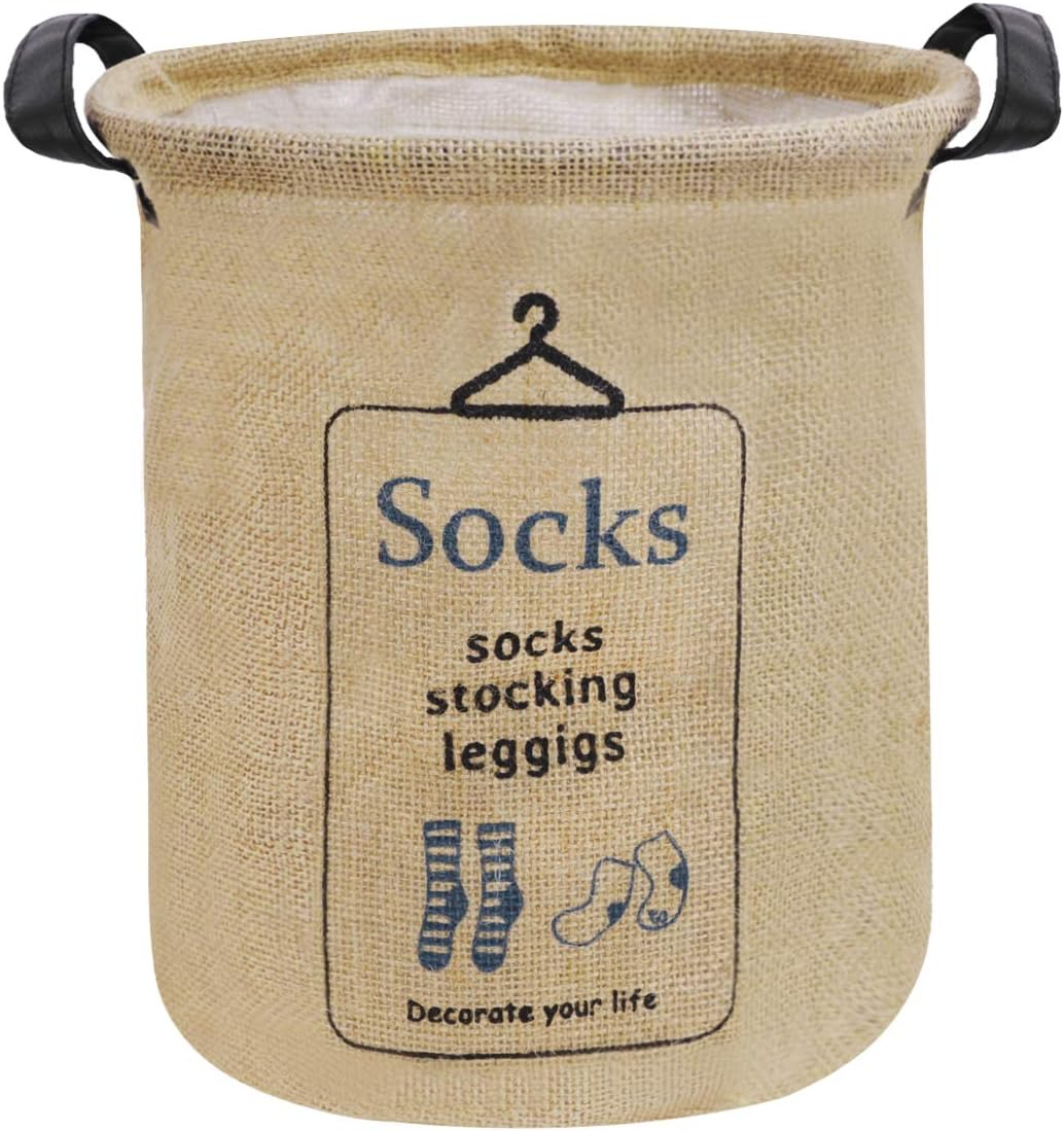 Pop-up Laundry Hampers Waterproof Cotton Linen Foldable Round Storage Bucket Organizer Dirty Clothes Shoes Basket Holder Baby's Toys Collection Box Closet Bin+3 Handles "SOCKS" Print