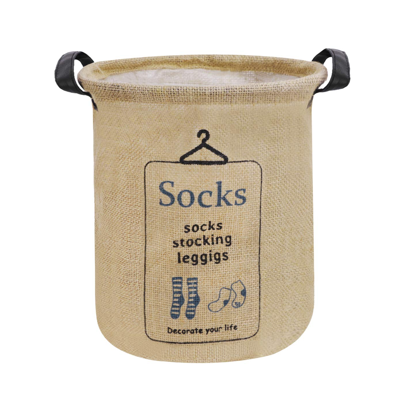 Pop-up Laundry Hampers Waterproof Cotton Linen Foldable Round Storage Bucket Organizer Dirty Clothes Shoes Basket Holder Baby's Toys Collection Box Closet Bin+3 Handles "SOCKS" Print