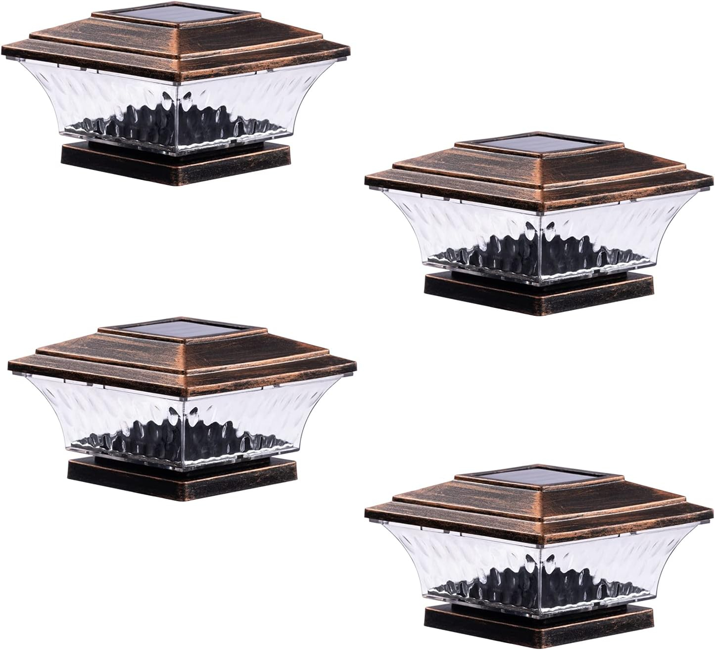 HUYIENO Solar Post Cap Lights Outdoor LED Lighting Deck Fence Cap Light Two Light Modes Warm White/Bright White Suitable for 4x4 Wooden Posts Brushed Copper 4PK