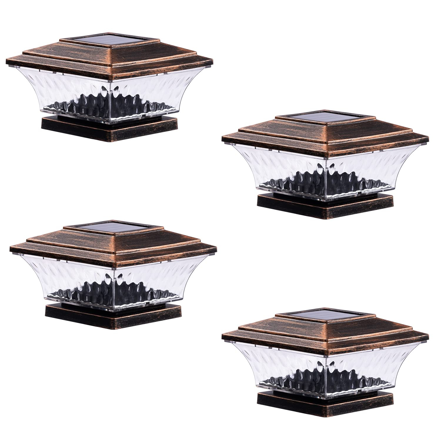 HUYIENO Solar Post Cap Lights Outdoor LED Lighting Deck Fence Cap Light Two Light Modes Warm White/Bright White Suitable for 4x4 Wooden Posts Brushed Copper 4PK
