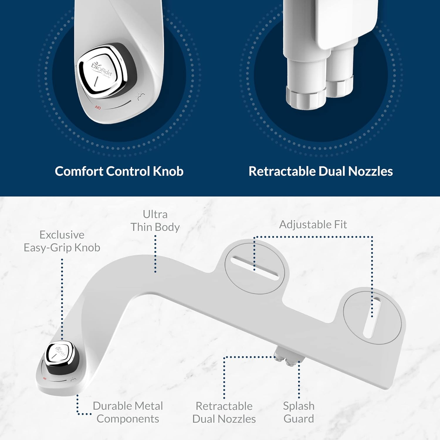 Bio Bidet by Bemis SlimEdge Dual Nozzle Bidet Attachment with Bemis Elongated Toilet Seat, Fresh Water Spray, Non Electric, Easy to Install, Brass Inlet and Internal Valve