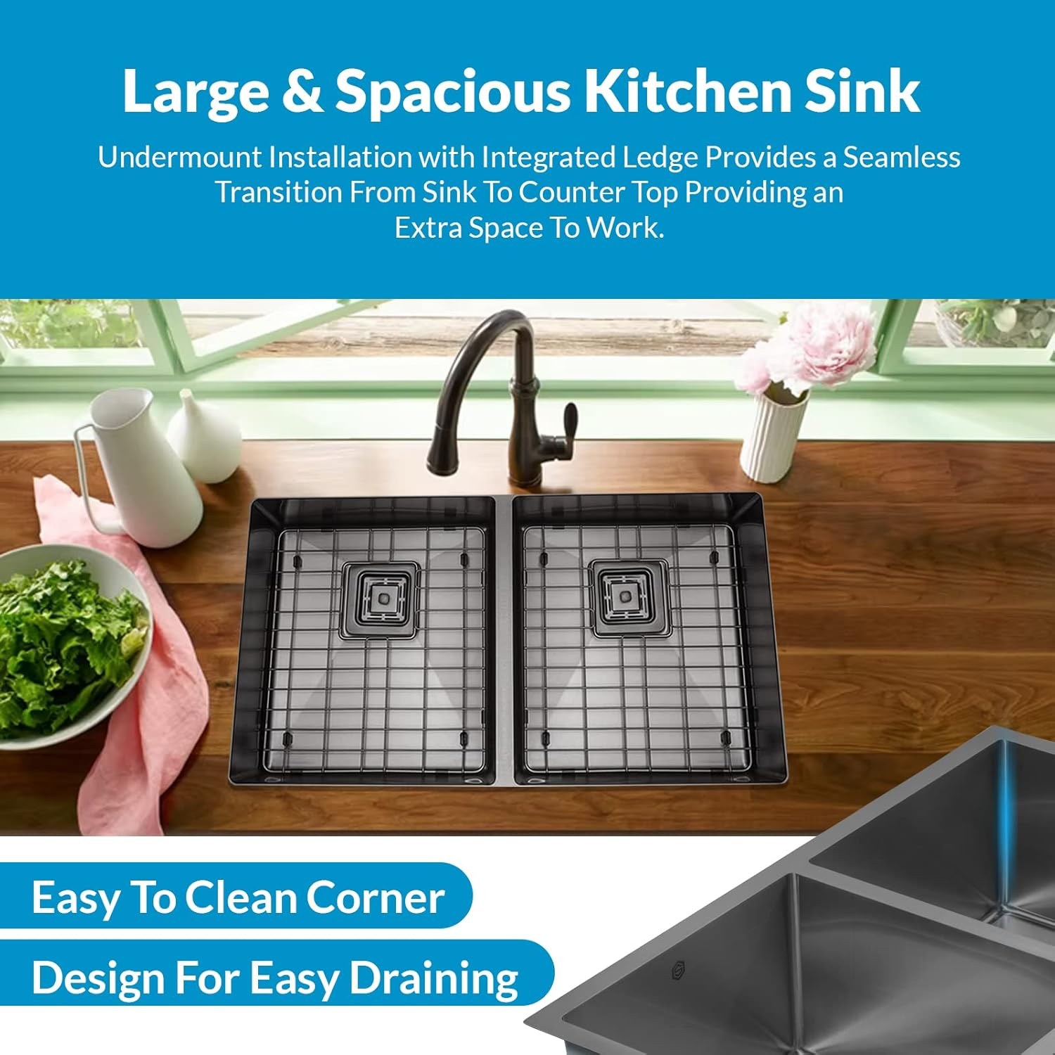 Brushed Stainless Steel 31 Inch Undermount Double Bowl Kitchen Sink