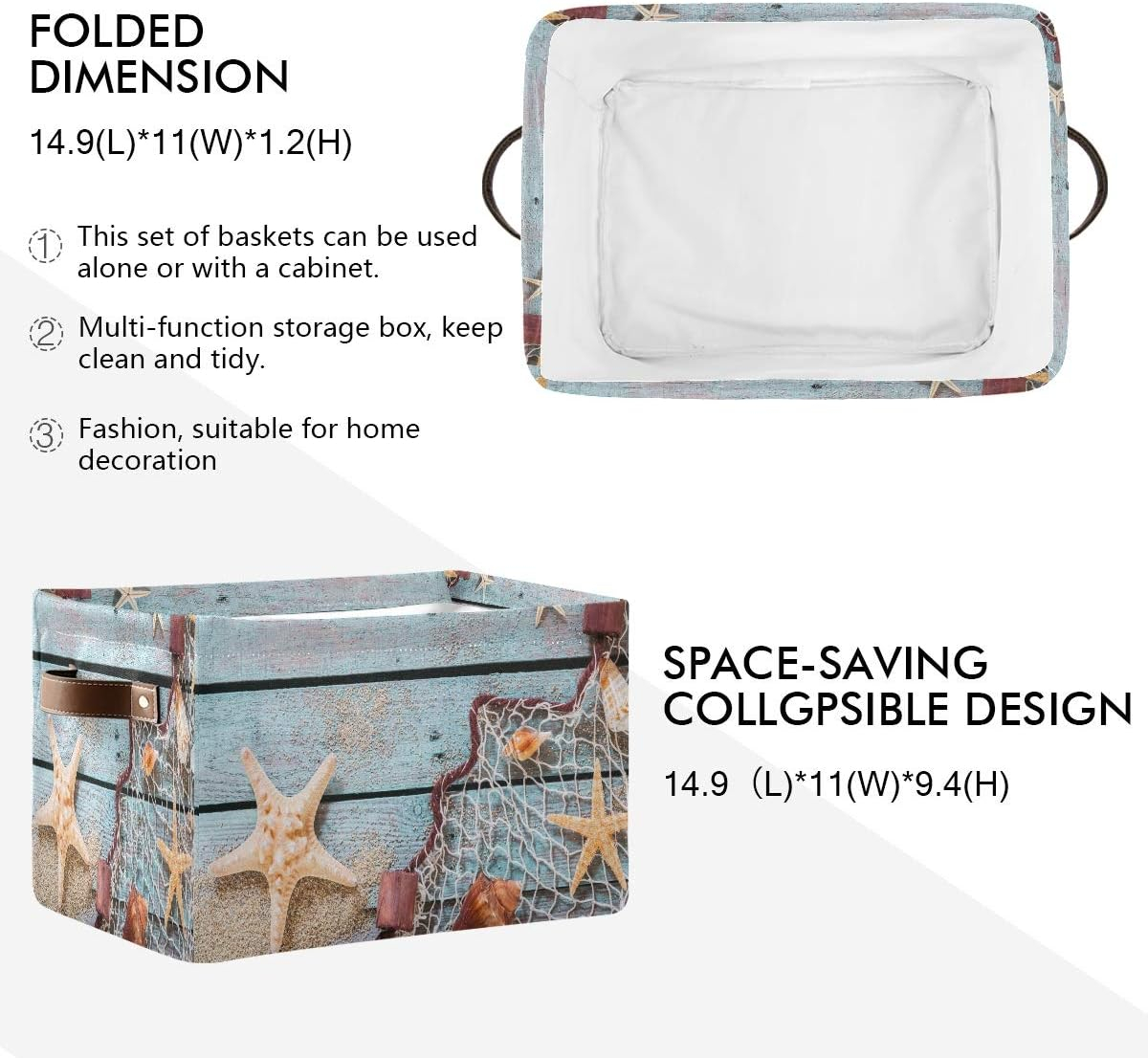 AUUXVA Summer Beach Sand Storage Basket Bin Rustic Wooden Starfish Large Fabric Toys Storage Cube Box with Handles Collapsible Closet Shelf Cloth Organizer Basket for Nursery Bedroom Bathroom