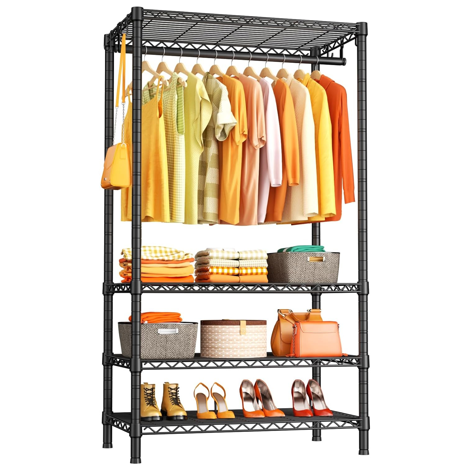 Ulif H4 Portable Closets, 4-Tier Metal Clothes Garment Rack for Bedroom and Cloakroom, Clothing Closet Storage and Organizer Wardrobe, 35.4" W x 14" D x 76.4" H, Black