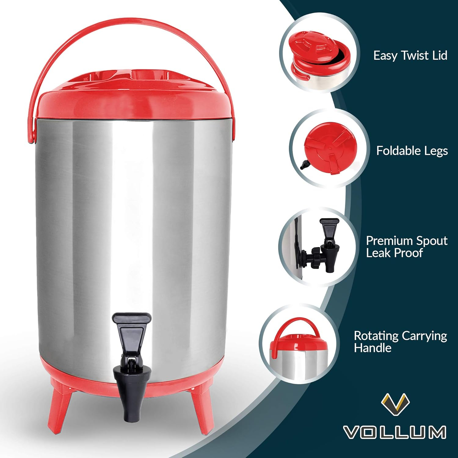 Vollum Stainless Steel Insulated Beverage Dispenser - Red, 12L