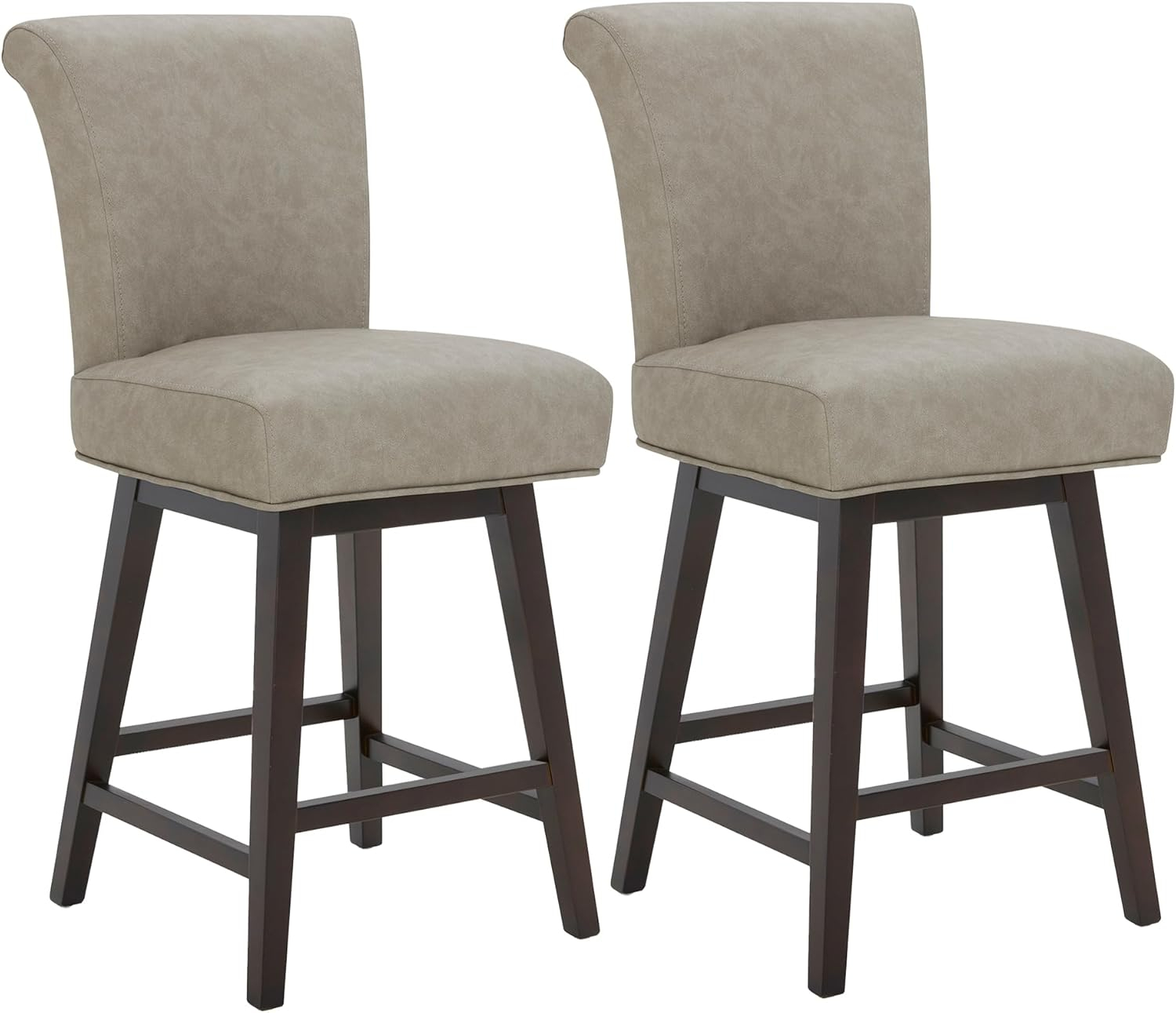 CHITA 26 in Upholstered Swivel Counter Bar Stools with Back&Wood Legs Set of 2, Faux Leather in Creamy Gray