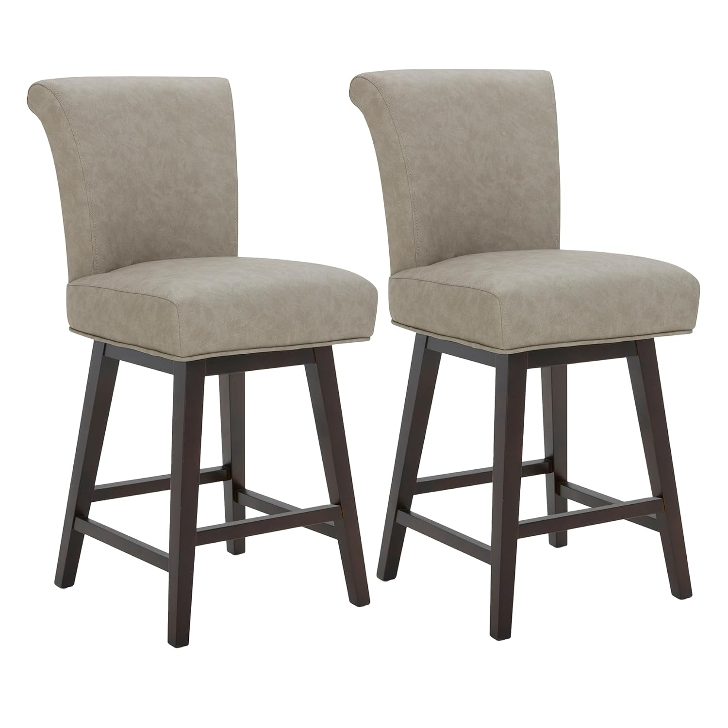 CHITA 26 in Upholstered Swivel Counter Bar Stools with Back&Wood Legs Set of 2, Faux Leather in Creamy Gray