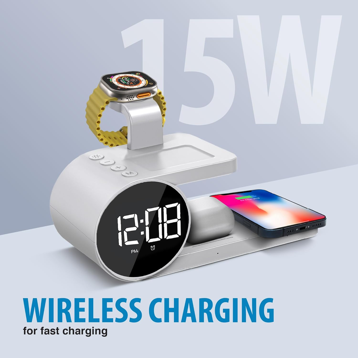 Brookstone 4-in-1 Wireless Charging Station: Stylish | Compatible for iPhone 15,14,13,12 Pro Max Series, All iWatch Series, Compatible with Airpods 3,2 Pro| Wireless Charging Station with Clock.
