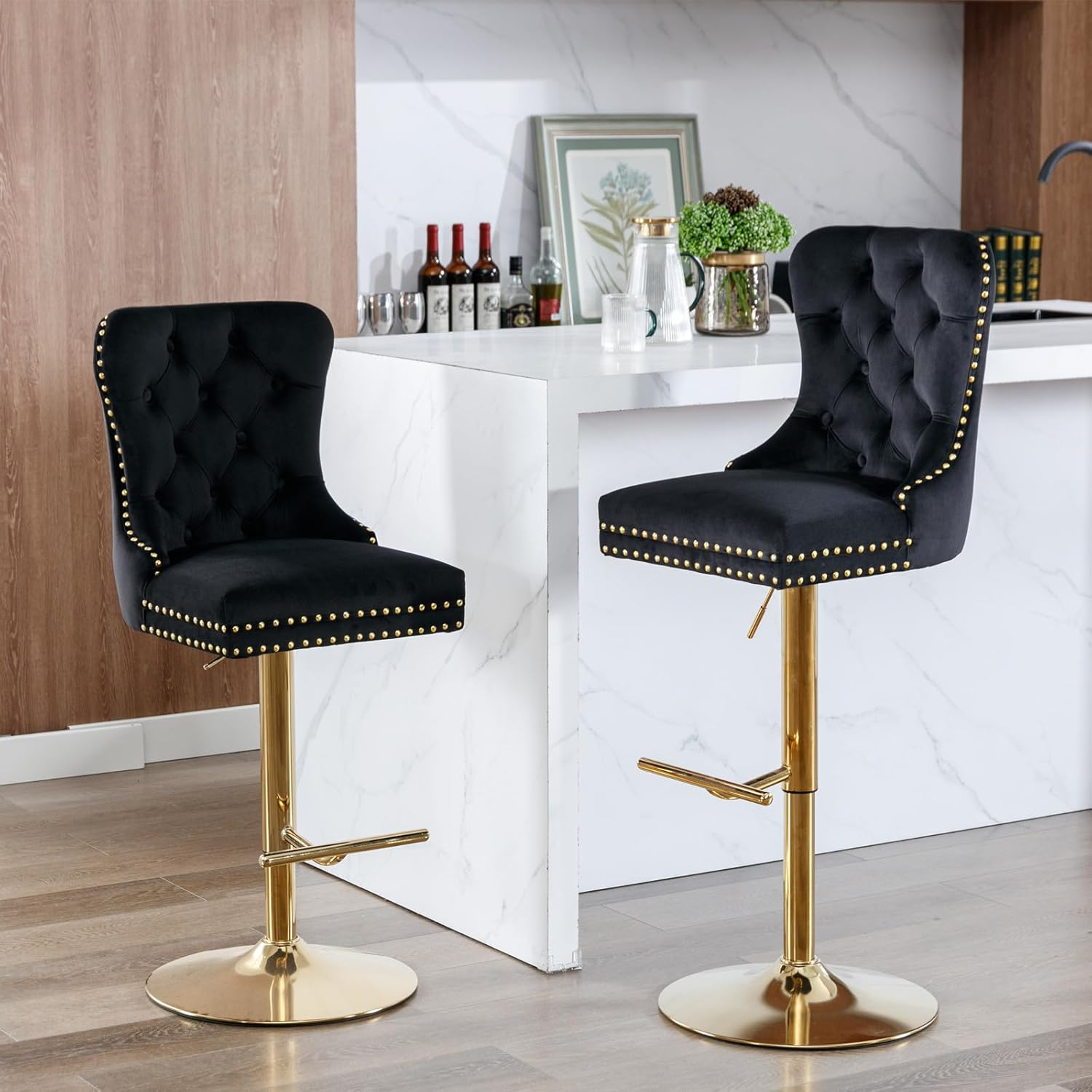 i-POOK Swivel Bar Stools Set of 2, Adjustable Counter Height Barstools with Thickened Cushion, Pull Ring and Nailheads Trim, Velvet Upholstered Bar Chairs for Home Pub Kitchen Island Cafe, Black