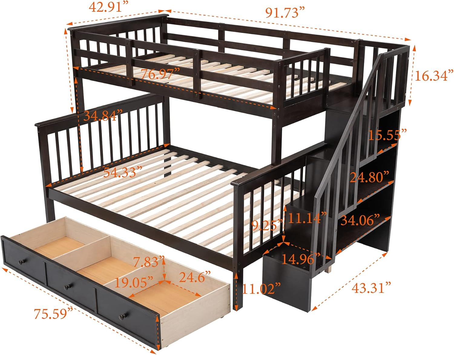 Twin Over Full Bunk Bed Frame With Storage Drawers, Shelves, Guardrails and Stairs for Kids, Teens and Adults - Espresso