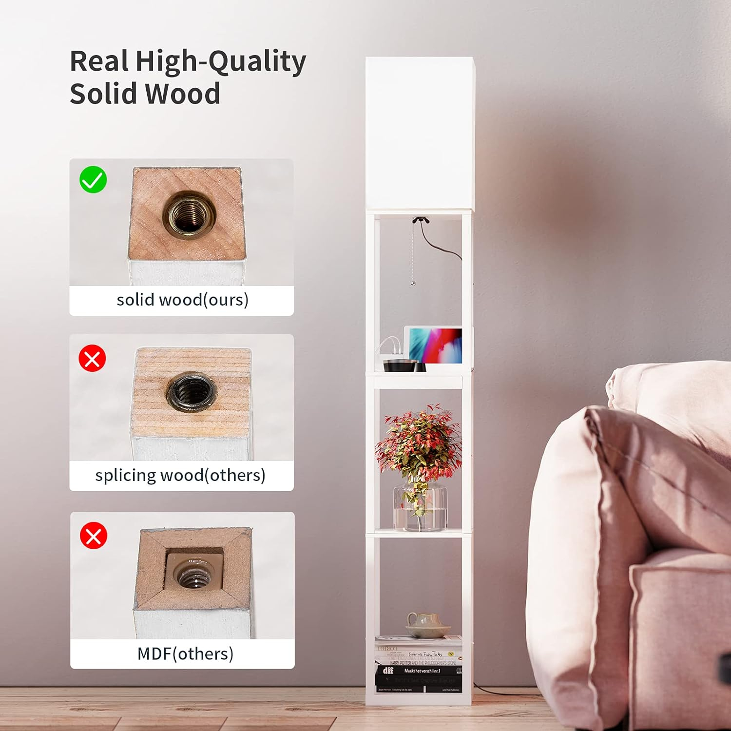 SUNMORY Floor Lamp with Shelves, Modern Dimmable Solid Wood Standing Lamp with 1 Drawer & 2 USB Ports & 2 Power Outlet, 3 Color Temperatures LED Bulb, Corner Tall Bookshelf Lamp for Living Room