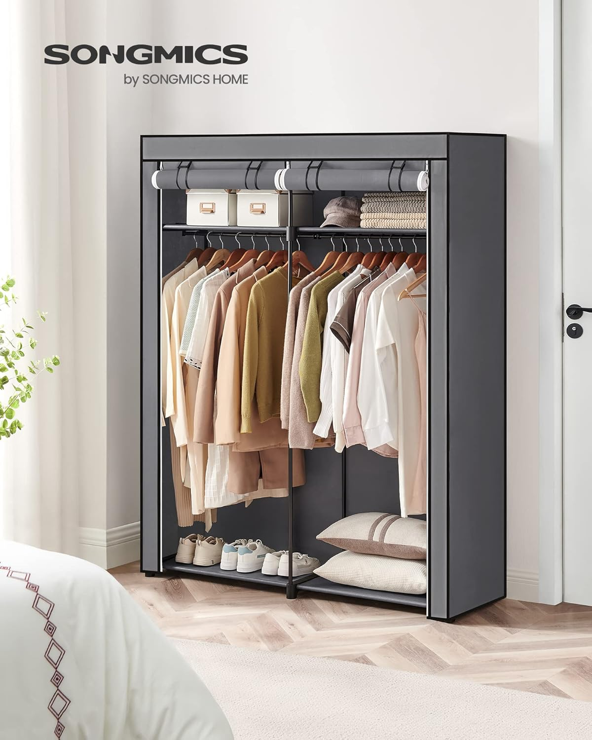 Closet Wardrobe Portable Closet for Bedroom Clothes Rail with Non-Woven Fabric Cover Clothes Storage Organizer Gray