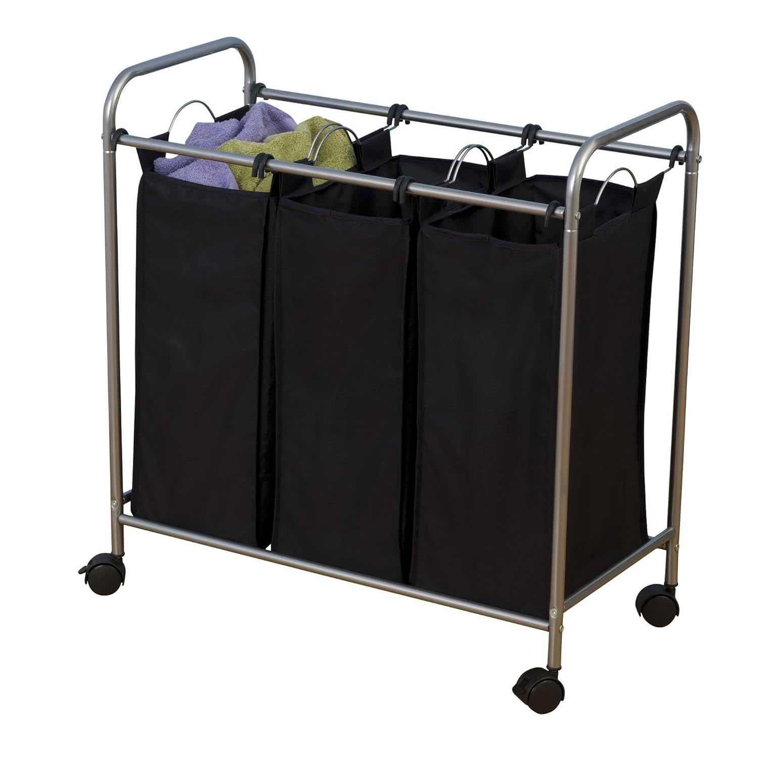 Household Essentials 7044 Triple Laundry Sorter on Wheels - Black and Grey