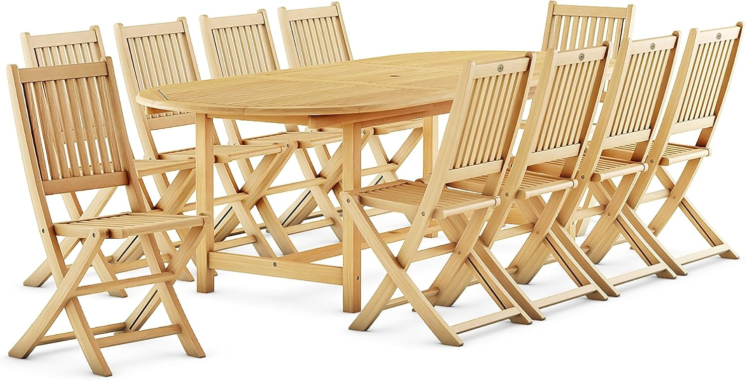 Amazonia Bergen 11-Piece Outdoor Oval Dining Set | Certified Teak | Ideal for Patio and Indoors, Light Brown