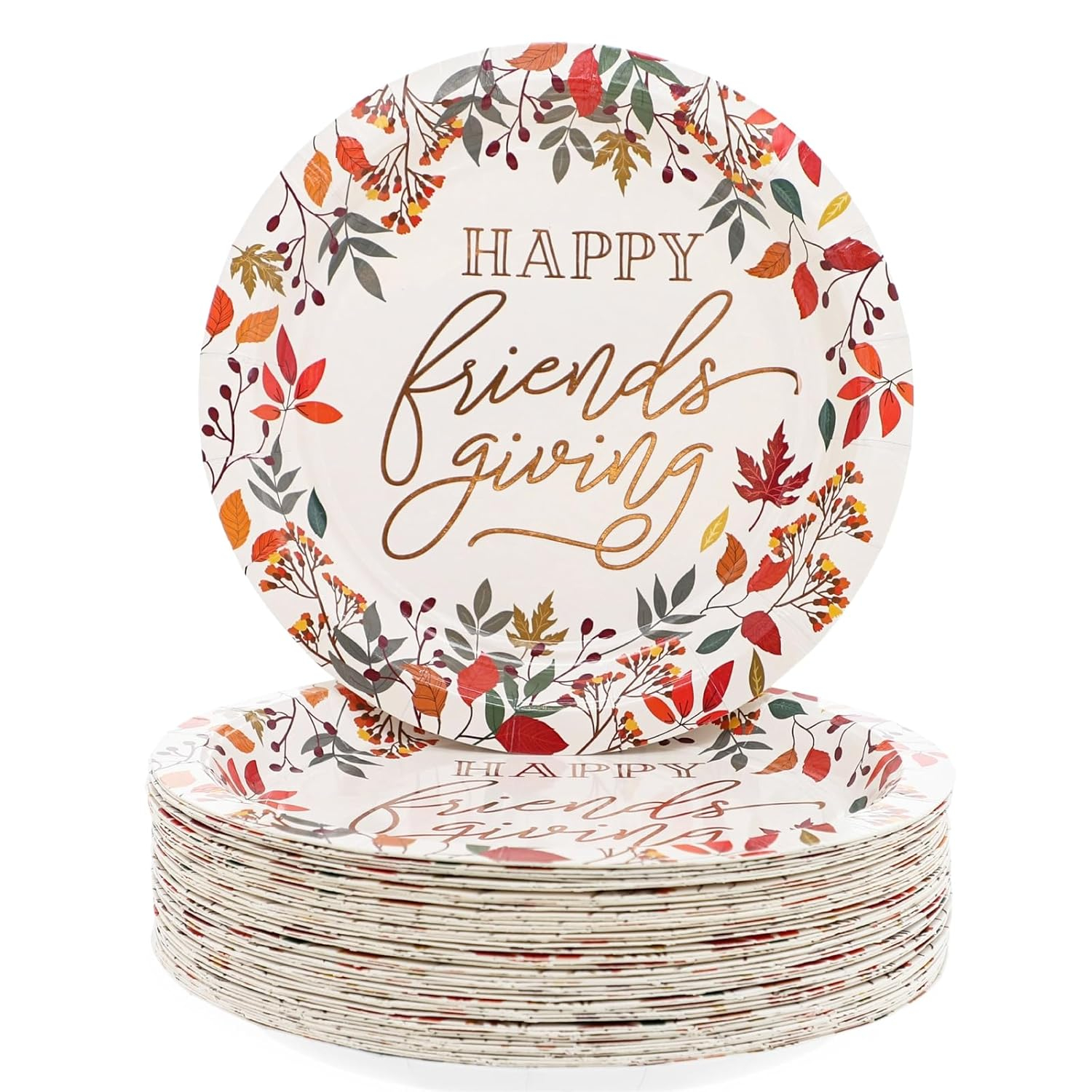 Sparkle and Bash 48 Pack Friendsgiving Plates, 7-Inch Paper Plates with Fall Leaves and Rose Gold Foil, Thanksgiving Party Decor Supplies - Party Supply