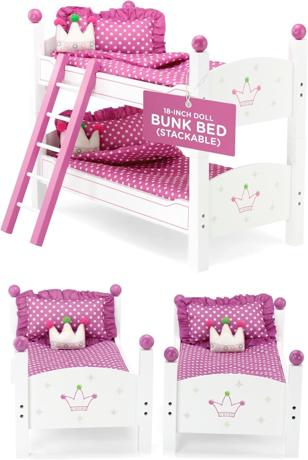Emily Rose 18 Inch Doll Bunk Bed Furniture | 2 Single 18" Doll Stackable Beds | Bunkbed with Ladder and (2) 4-PC Bedding Accessory Sets | Ideal Girls Gift Set for Easter | USA Business