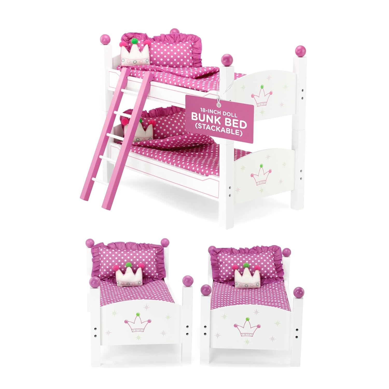 Emily Rose 18 Inch Doll Bunk Bed Furniture | 2 Single 18" Doll Stackable Beds | Bunkbed with Ladder and (2) 4-PC Bedding Accessory Sets | Ideal Girls Gift Set for Easter | USA Business