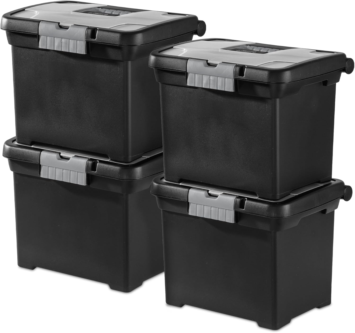 Sterilite Portable File Box, Stackable Storage Bin with Latching Lid and Handle, Plastic Container to Organize Papers in Home, Office, Black, 4-Pack