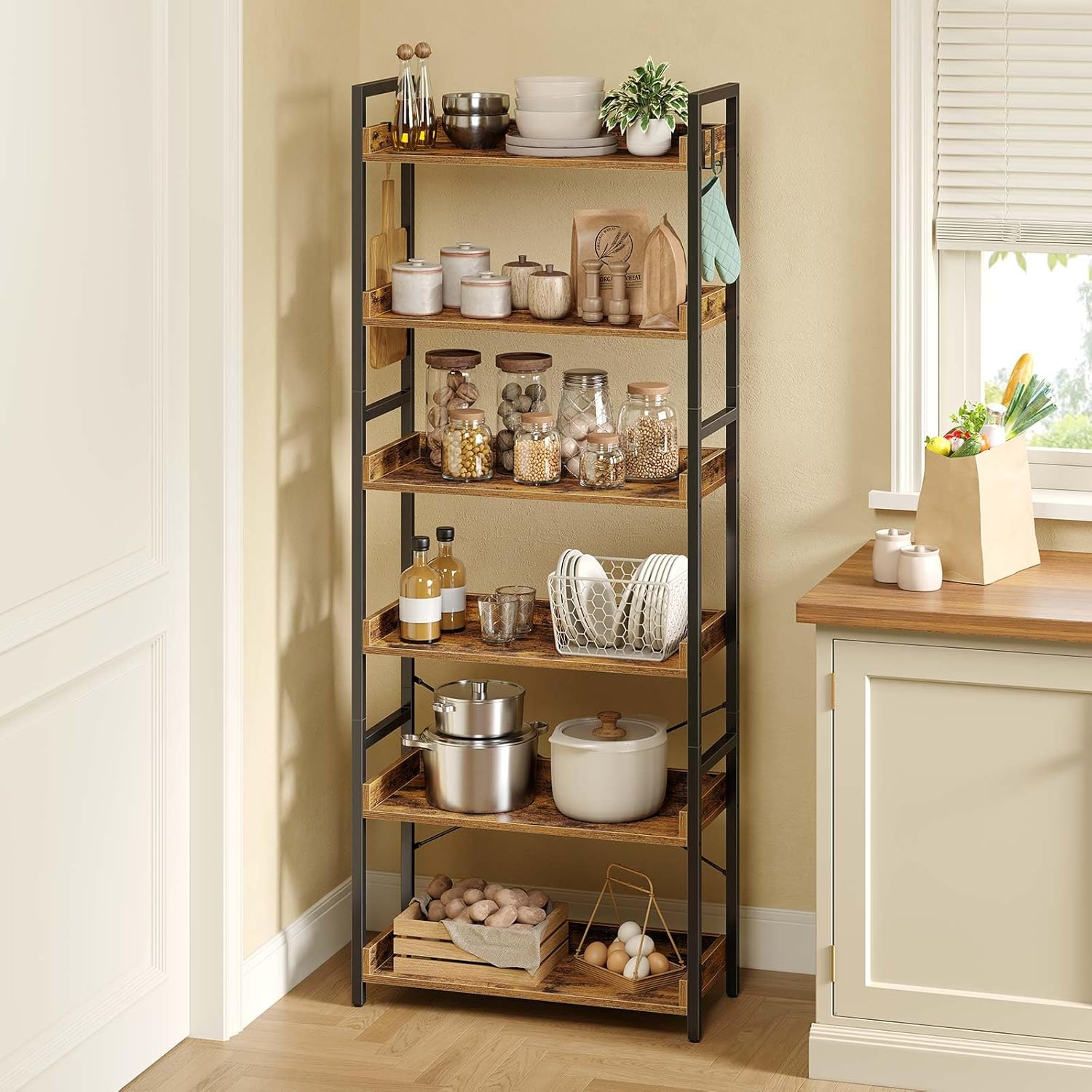 Bookshelf 6 Tier with 4 Hooks  Industrial Bookcase  Vintage Storage Rack with Open Shelves  Rustic Standing Bookshelves Metal Frame Display Rack for Living Room  Bedroom  Rustic Brown