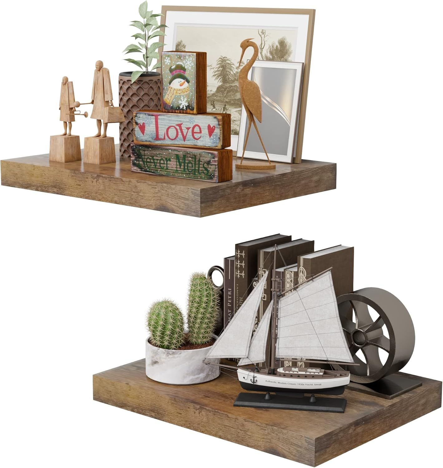 Rustic Brown 12 Inch Deep Floating Shelves for Wall - Set of 2, Wood Shelving Live Edge Shelves Display for Storage, Bathroom & Living Room, Bedroom, Kitchen, Office