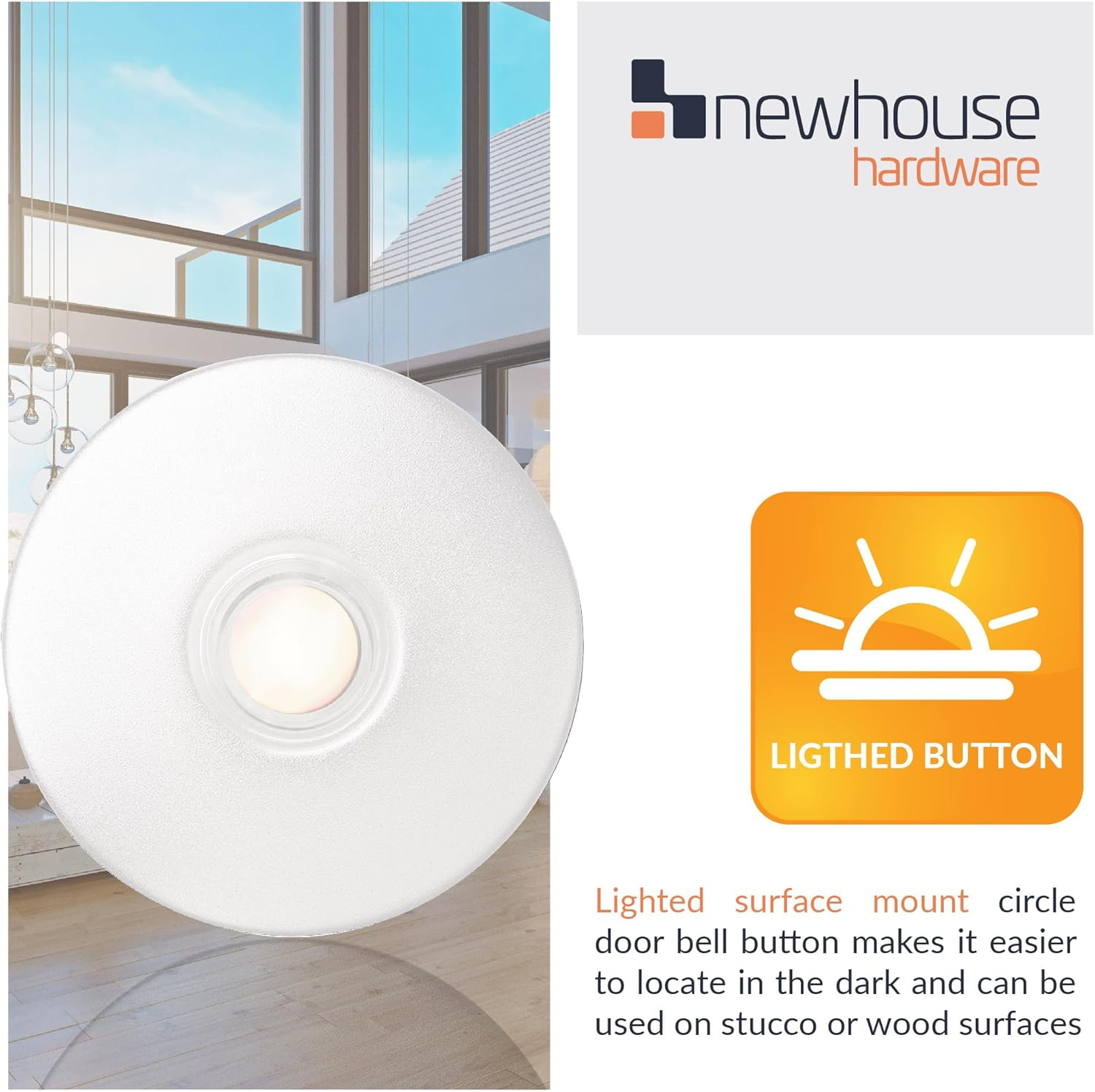 Newhouse Hardware Lighted Round Door Chime Button White WH5WL, White Doorbell Button for Refits or Home Improvement, Wired Doorbell Button Replacement for Most Doorbell Chimes, Lighted Doorbell Button