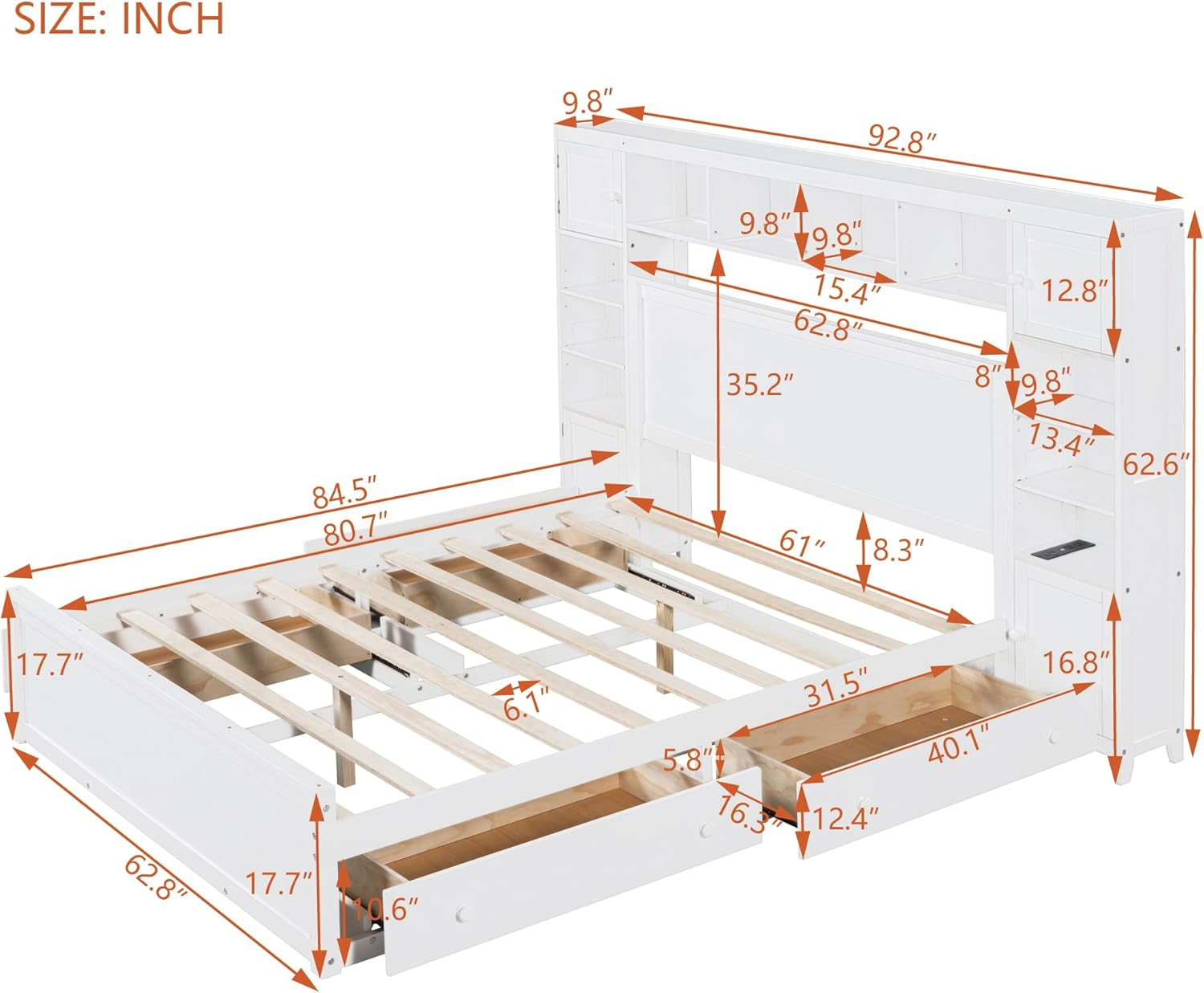 Merax Queen Size Platform Bed with 4 Drawers, Wooden Queen Bed with All-in-One Cabinet, Shelf and Sockets, White