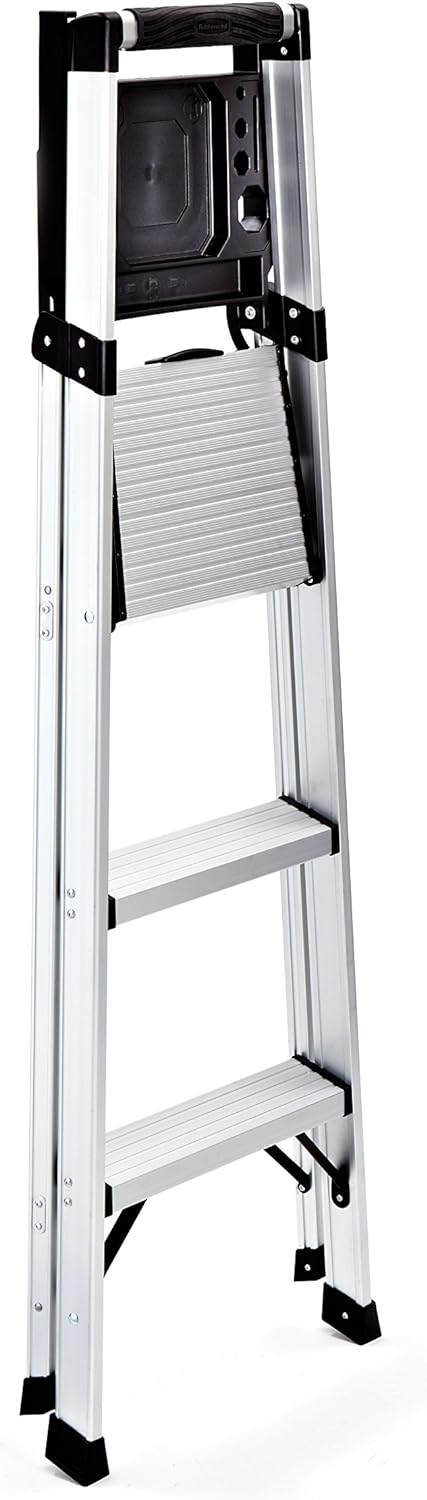 Rubbermaid 3-Step Ladder, Aluminum Lightweight Folding Step Stool with Project Tray, Silver, Tested to US Safety Standards, No Assembly Required