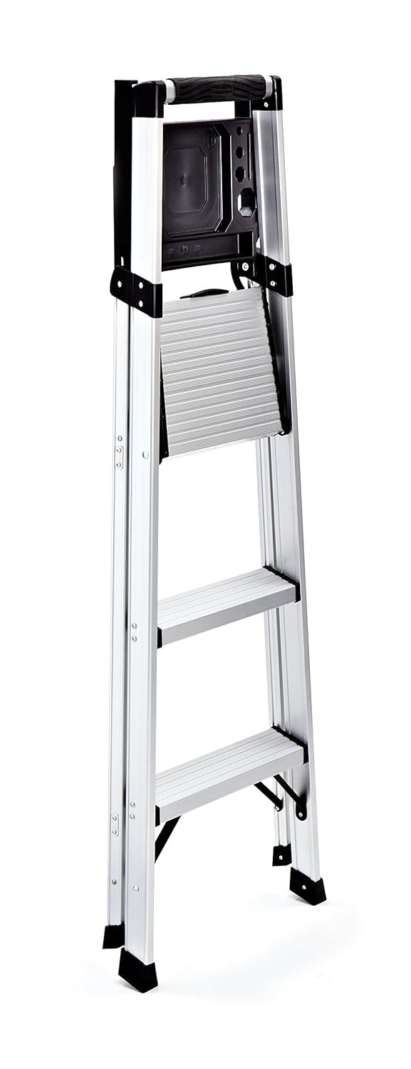 Lightweight Silver Aluminum 3-Step Foldable Ladder with Tray