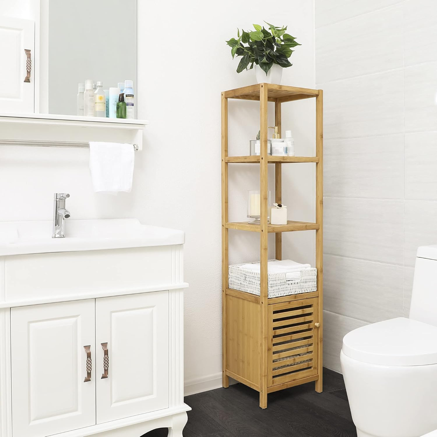 Bamboo Bathroom Storage Floor Cabinet, 4 Tiers Multifunctional Floor Shelving Unit, Free Standing Tower Corner Rack, Natural UBCB50Y